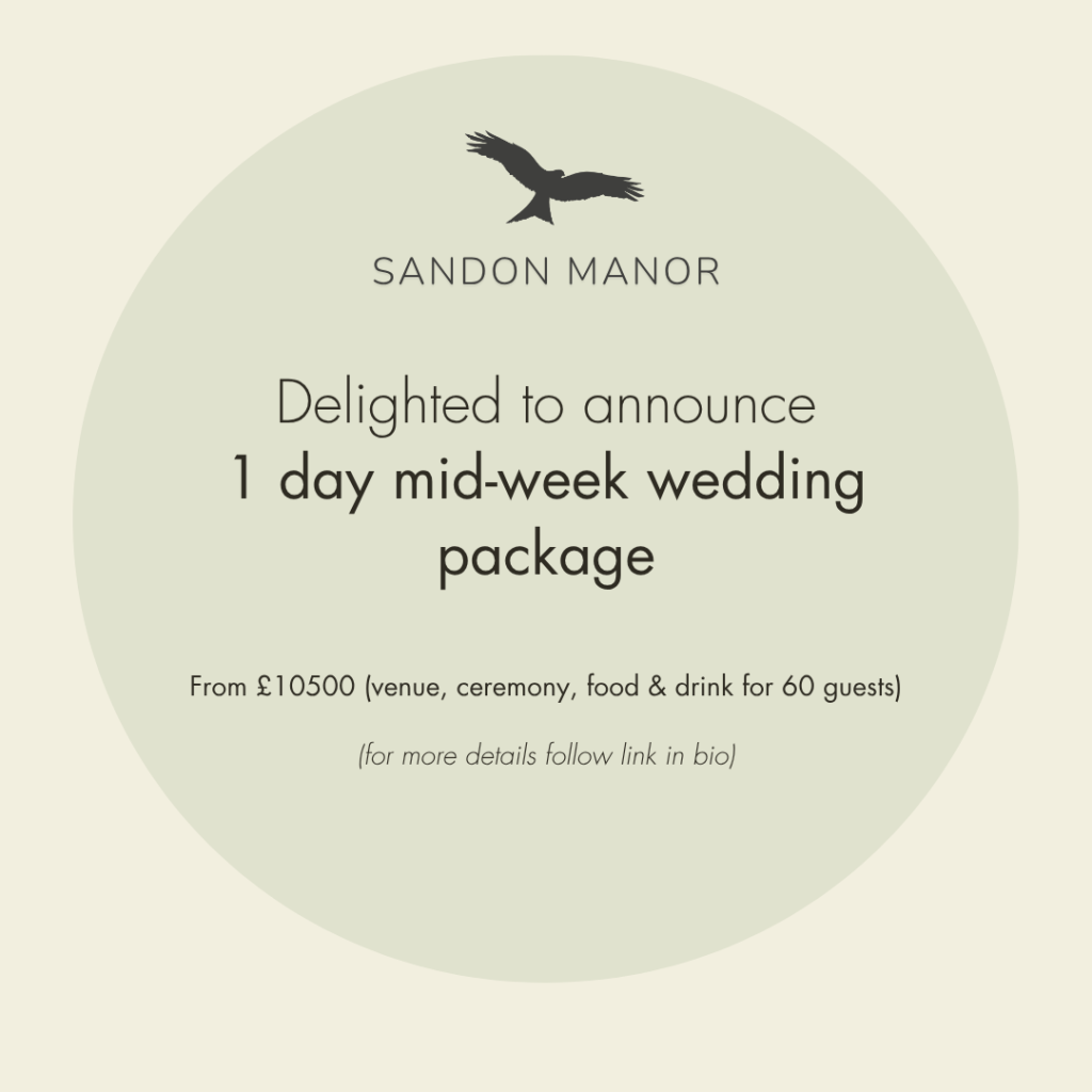 1 day mid week wedding package Sandon Manor
